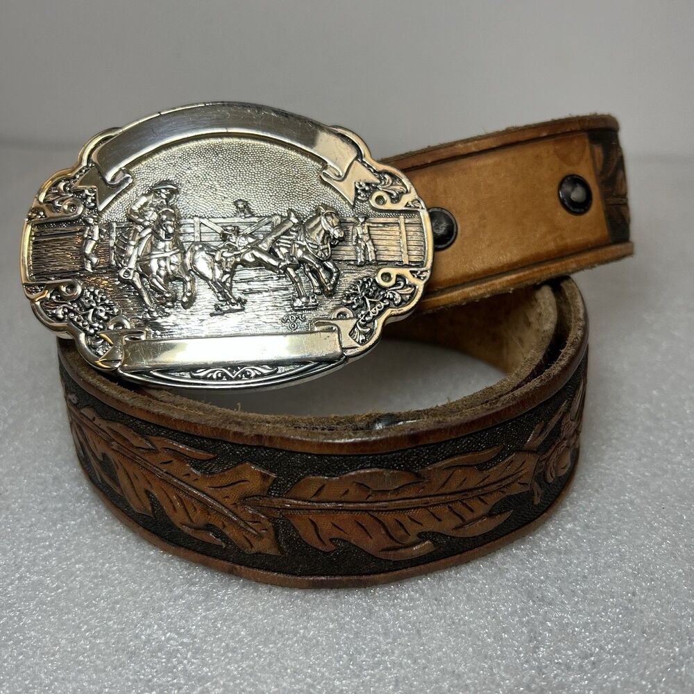 Vtg Award Design Medals Belt Buckle W Hand Tooled Belt Western Cowboy Scent